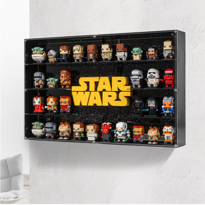 Wall Mounted Tiered Display Case for LEGO® Star Wars: Brick-Built Star Wars Logo (75407) & 32 LEGO® Brickheadz