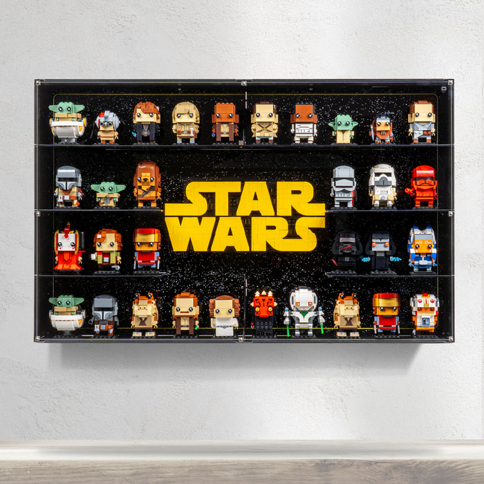 Wall Mounted Tiered Display Case for LEGO® Star Wars: Brick-Built Star Wars Logo (75407) & 32 LEGO® Brickheadz