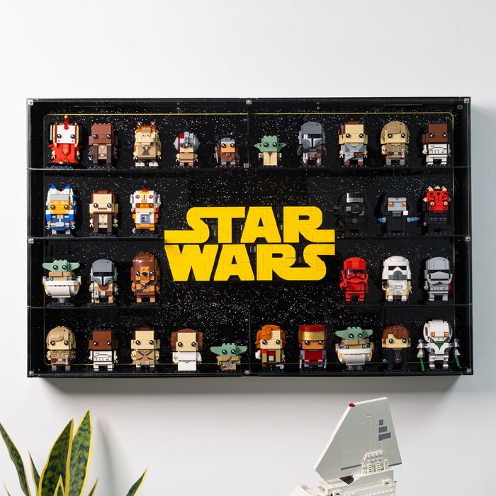 Wall Mounted Tiered Display Case for LEGO® Star Wars: Brick-Built Star Wars Logo (75407) & 32 LEGO® Brickheadz