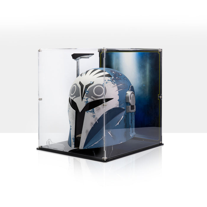 Display case for Star Wars™ Black Series Bo-Katan Kryze Helmet with background angled